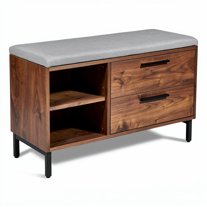 **Stylish Wooden Bench with Cushioned Top and Storage Drawers**