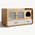 **Modern Wooden Storage Unit with Glass Doors and Circular Pet Access**