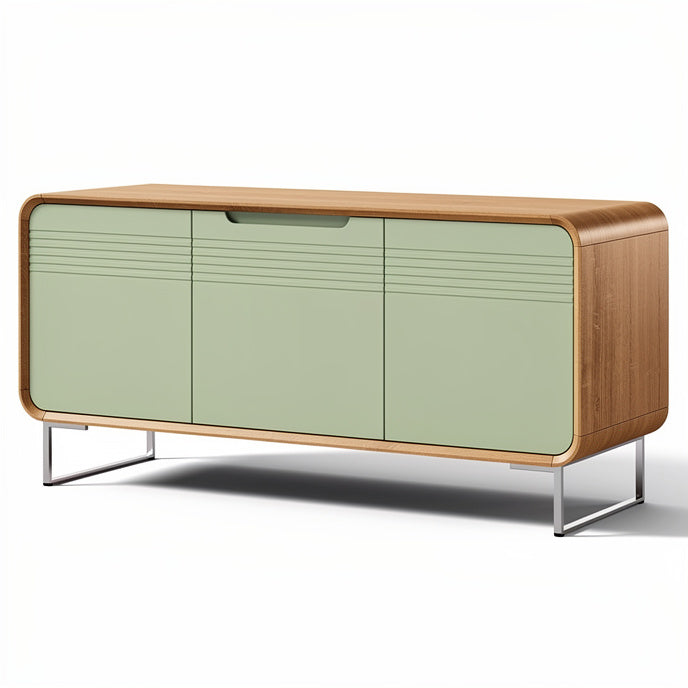 **Modern Minimalist Sideboard with Wooden Accents and Glossy Green Doors**
