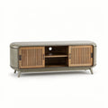 **Modern Wooden TV Stand with Slatted Doors and Open Shelving**