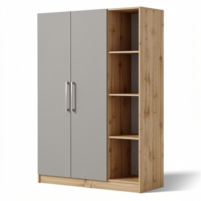 **Modern Wooden Wardrobe with Grey Doors and Open Shelves**