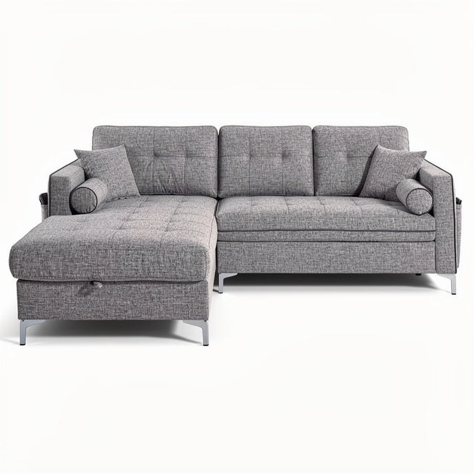 **Modern Grey L-Shaped Sofa with Storage and Cushions**