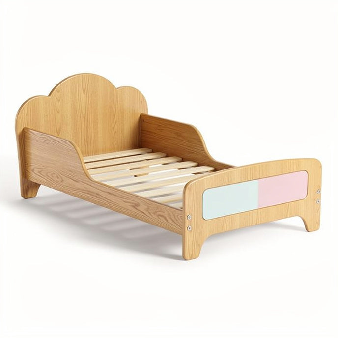 **Minimalist Wooden Toddler Bed with Colorful Accents**